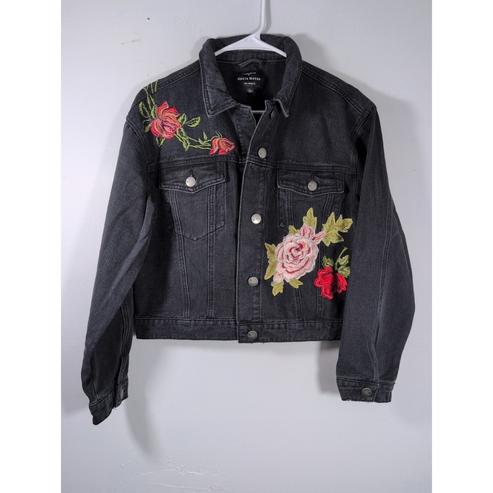 Haute Monde Faded Black Jean Jacket Patches & Embroidered Colorful Flowers Large